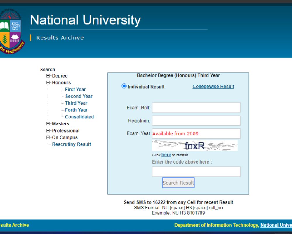 NU honours 3rd year result login online
