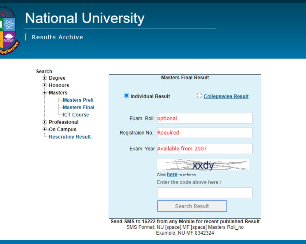 nu masters final year result login 